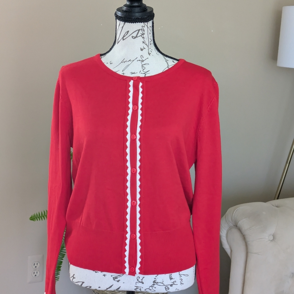 Red Button-Front Cardigan with White Jagged Trim New With Tags Women's Large